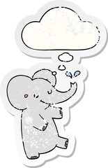 cartoon dancing elephant and thought bubble as a distressed worn sticker
