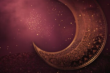 Obraz na płótnie Canvas background of an elegant crescent moon and stars rendered in gold against a rich burgundy background. Incorporate Islamic geometric patterns and other decorative elements - Generative AI