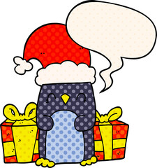 cute christmas penguin and speech bubble in comic book style
