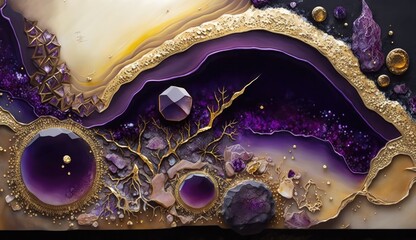 Background using acrylic paint techniques in shades of purple and gold, with highly realistic and detailed gemstones or crystals - Generative AI