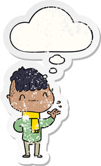 cartoon friendly boy and thought bubble as a distressed worn sticker