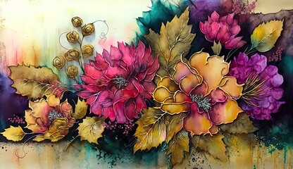Background using mixed media techniques, incorporating alcohol ink, watercolor, and highly realistic floral elements. Use a bright and vibrant color palette, such as pinks and yellows - Generative AI