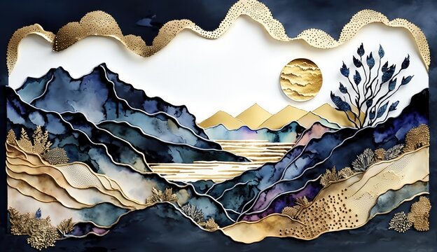 mixed media background, incorporating alcohol ink, watercolor, and metallic textures. Use a restrained and sophisticated color palette, such as gold, navy, and ivory - Generative AI © Filip