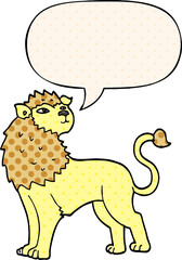 cartoon lion and speech bubble in comic book style