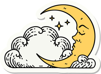 tattoo style sticker of a crescent moon and clouds