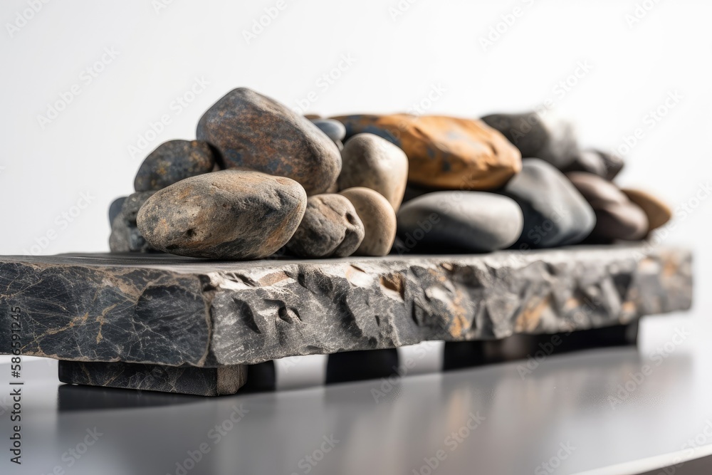 Poster close-up view of various types of rocks arranged on a table. generative ai