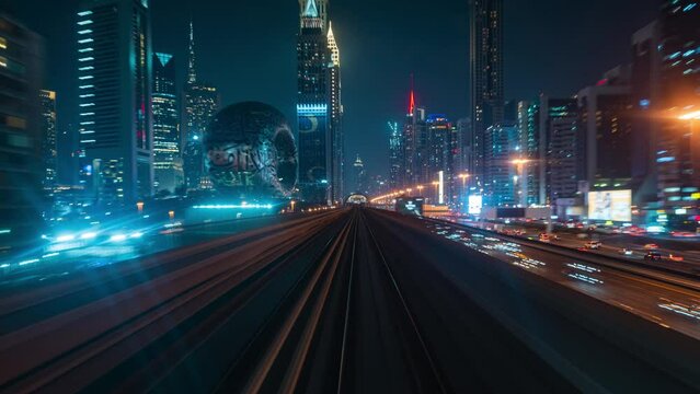 Motion timelapse view of journey on the modern driverless Dubai elevated Rail Metro System running alongside the Sheikh Zayed Road at night in Dubai, United Arab Emirates (UAE). 