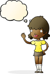 cartoon waving woman with thought bubble