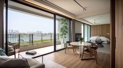 Fototapeta premium home interior design concept living family area contemporary interior style with nature sky and garden view in terrace, image ai generate
