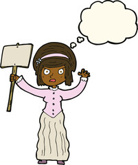 cartoon Victorian woman protesting with thought bubble