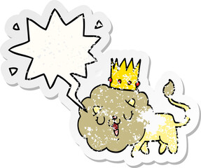 cartoon lion and crown and speech bubble distressed sticker