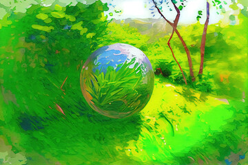 Obraz na płótnie Canvas summer on small green planet, watercolor oil painting effect. Generative Ai