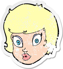 retro distressed sticker of a cartoon surprised female face