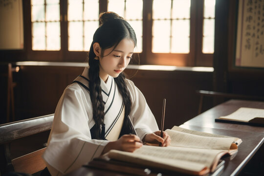 Generative ai japanese girl in traditional clothing practicing calligraphy