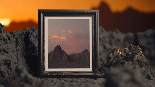 Photo frame mockup with a candle on the ground against rock background,A candle light reflect and a black rock minimal dark tone,sadness mystery decorate for photo frame.