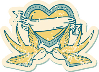 distressed sticker tattoo style icon of a swallows and a heart with banner