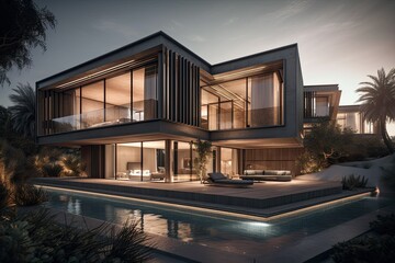 Fototapeta na wymiar luxurious house with a beautiful pool in the front yard. Generative AI