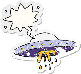cartoon flying UFO and speech bubble distressed sticker
