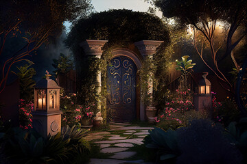 Fototapeta premium Rays of light in a fairy garden. AI Generated