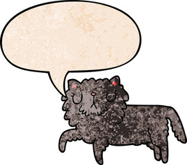 cartoon cat and speech bubble in retro texture style