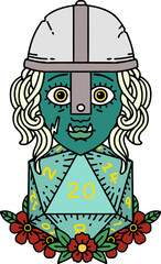 half orc fighter character with natural twenty dice roll illustration