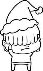 line drawing of a boy with untidy hair wearing santa hat