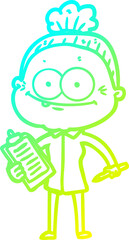 cold gradient line drawing cartoon happy old woman