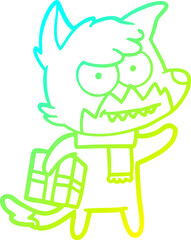 cold gradient line drawing cartoon grinning fox with christmas present