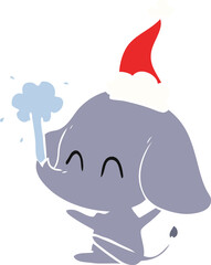 cute flat color illustration of a elephant spouting water wearing santa hat