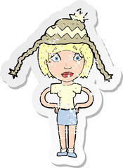 retro distressed sticker of a cartoon woman wearing winter hat