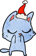 calm textured cartoon of a cat wearing santa hat