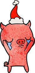 textured cartoon of a pig crying wearing santa hat