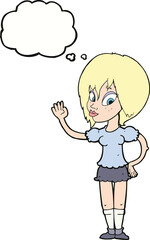 cartoon pretty woman waving with thought bubble