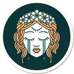 tattoo style sticker of female face crying with third eye