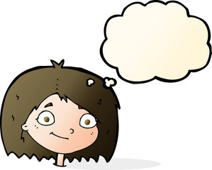 cartoon happy female face with thought bubble