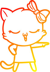warm gradient line drawing cartoon cat with bow on head