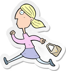 sticker of a cartoon running woman stressed