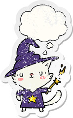 cartoon cat wizard and thought bubble as a distressed worn sticker