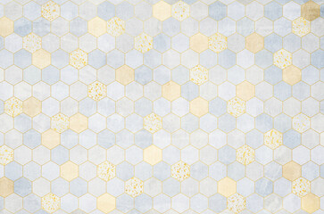 Abstract mosaic tile pattern with gold joints. Pastel gradient hexagon tile pattern on grunge Japanese washi paper texture background.