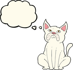 cartoon grumpy little dog with thought bubble