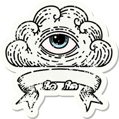 grunge sticker with banner of an all seeing eye cloud
