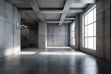 an empty room with concrete walls and windows. Generative AI