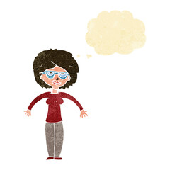 cartoon woman shrugging shoulders with thought bubble