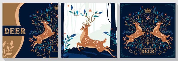 deer vector set, deer decoration with plants and leaves, business card template with deer decoration, and deer jumping in forest. beautiful flat design 
