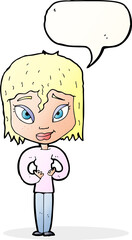 cartoon satisfied woman with speech bubble