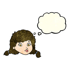 cartoon pretty female face with thought bubble