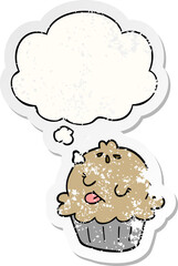 cute cartoon pie and thought bubble as a distressed worn sticker