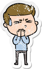 distressed sticker of a cartoon man sweating