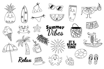 Summer cartoon kawaii outline accessory elements set cute flat doodle style