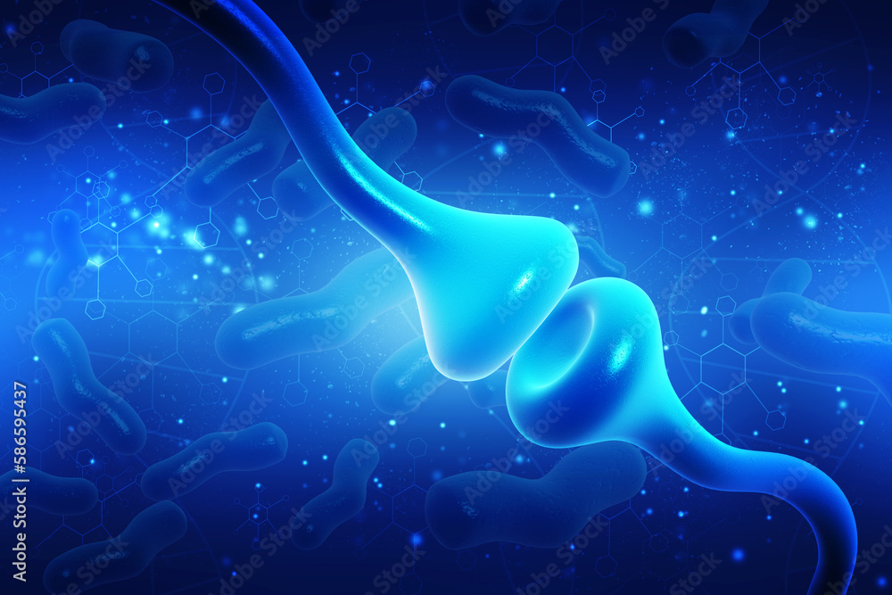 Poster 3d rendering synapse and neuron cells sending electrical chemical signals